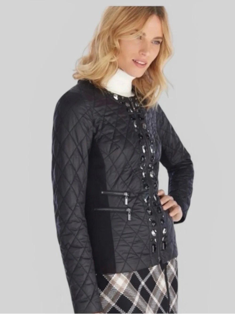 White House Black Market Black Quilted Embellished  Women's Jacket - Picture 3 of 7